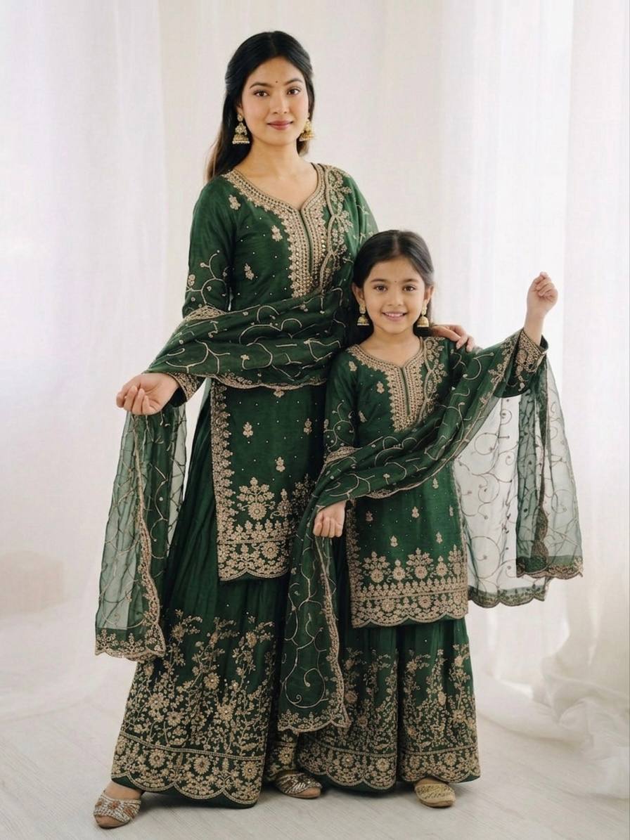 Mother Daughter Matching Festive Silk Sharara Suit Set