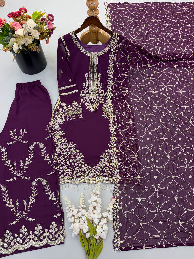 Deep Plum Purple Embroidered  Georgette Palazzo Suit