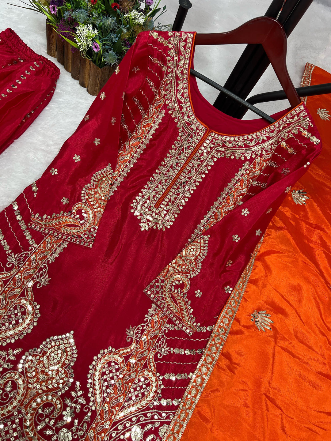 Red &amp; Orange Chinon Silk Embroidered Palazzo Sharara Suit Set