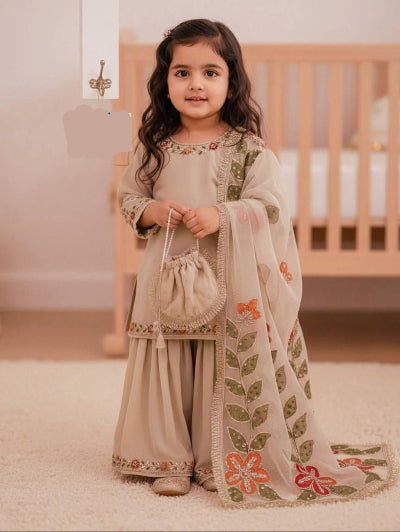 Kids Beige Gold Embroidery Work Sharara Set