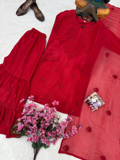 Red Chikankari Rayon Sharara Suit Set