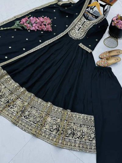 Elegant Black Embroidered Anarkali Gown Suit Set