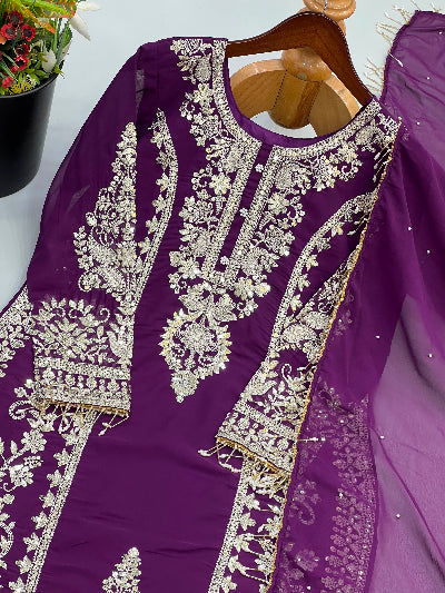 Purple Georgette Exquisite Embroidery Work Straight Suit Set for Women