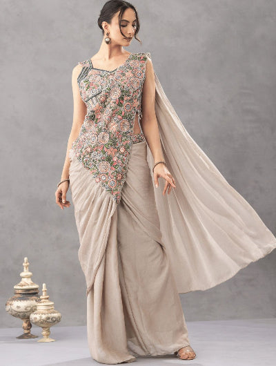 Beige Ready to Wear Drape Saree Embroidered Blouse