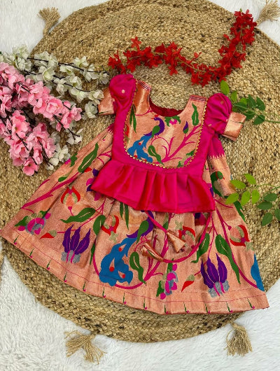 Kids Hot Pink Paithani Litchi Silk Lehenga Blouse Set Of 2