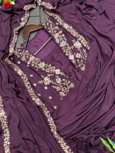 Burgundy Embroidered Ready-to-Wear Saree with Party Jacket &amp; Blouse