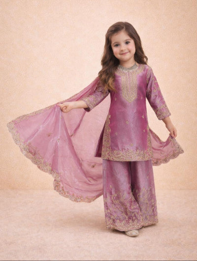 Kids Pastel Pink Embroidery Work  Palazzo Suit