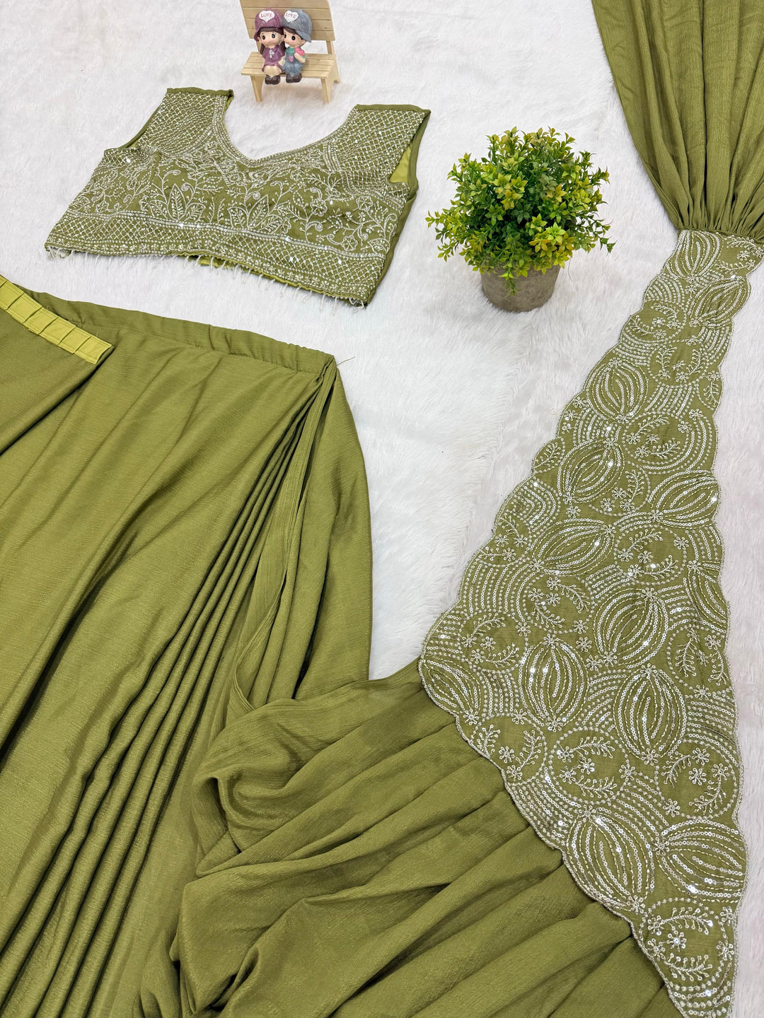 Olive Green Ready to Wear Drape Saree Embroidered Blouse