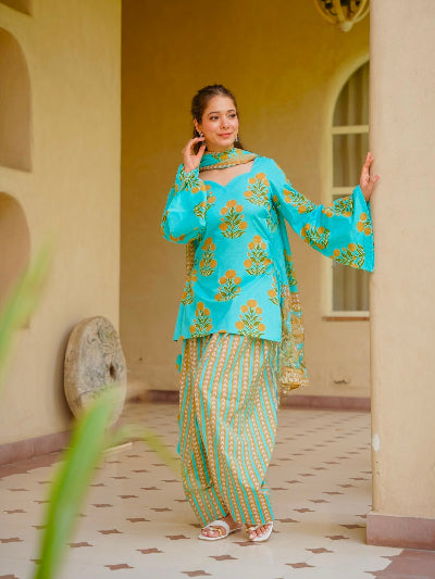 Turquoise Blue Cotton Farshi Suit for Women