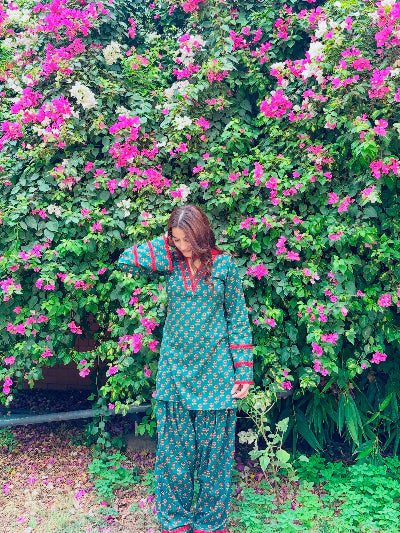 Green Floral Print Farshi Suit Set with Nazmin Dupatta