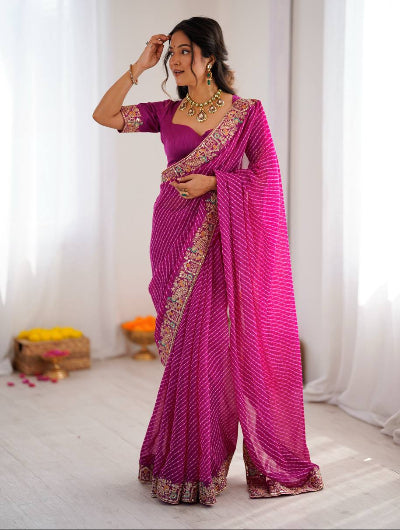Pink Leheriya Georgette Pre-pleated Saree with Free Stitched Blouse