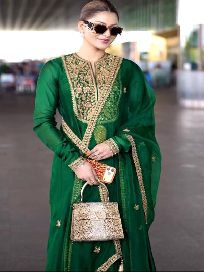 Dark Green Embroidered Modest Silk Anarkali Gown Set