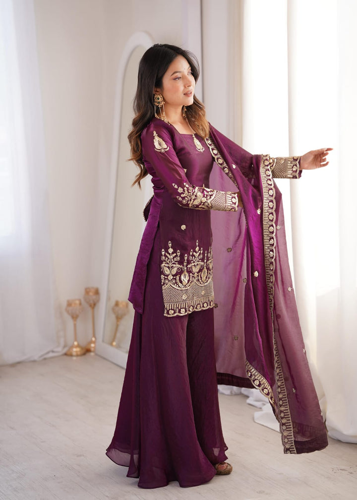 Deep Wine Embroidered Sharara Suit UK | Women&