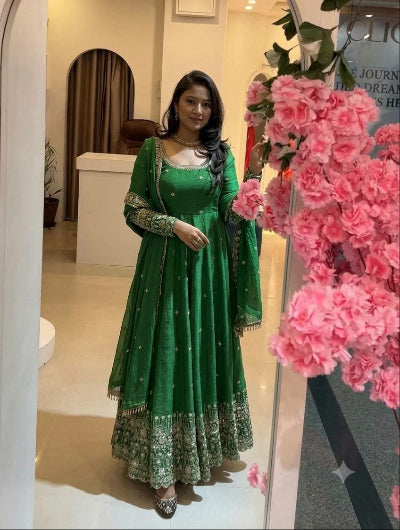 Emerald Green Crunchy Silk Embroidery Anarkali Suit Set