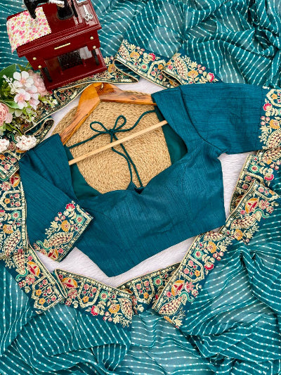 Blue Leheriya Georgette Pre-pleated Saree with Free Stitched Blouse