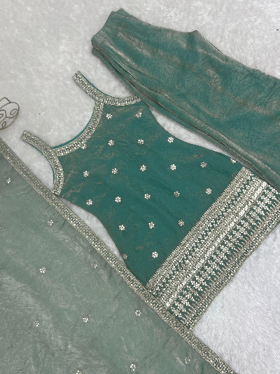 Ice Blue Silk Sleeveless Kurta Bell Bottom Pant &amp; Dupatta