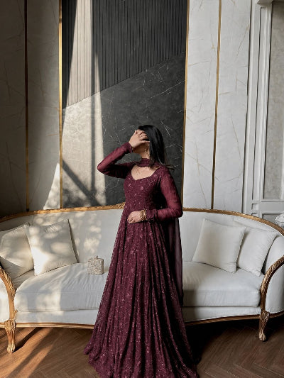 Dusty Plum Georgette Embroidered Gown Dupatta Set Of 2