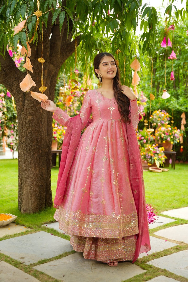 Pink Crunchy Silk Embroidery Anarkali Suit set