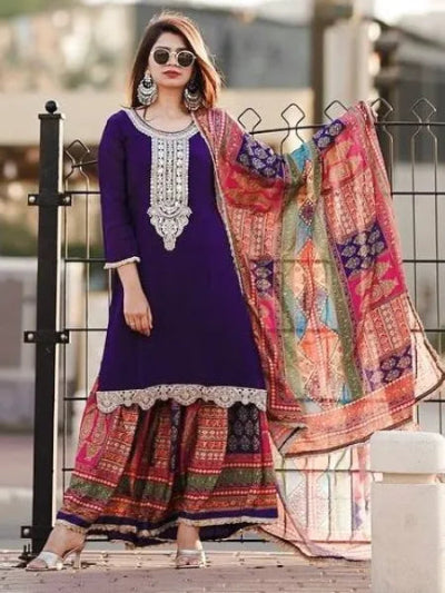 Purple Multicolour Chinon Silk Sharara Suit for Women UK Next Day