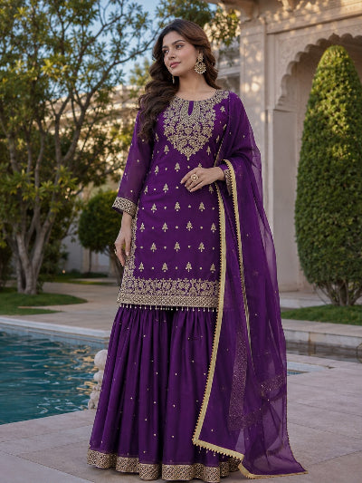 Purple Embroidered Tissue Silk Gharara Suit Set for Women