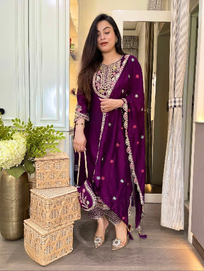Purple Chinon Silk Embroidered Straight Suit Set