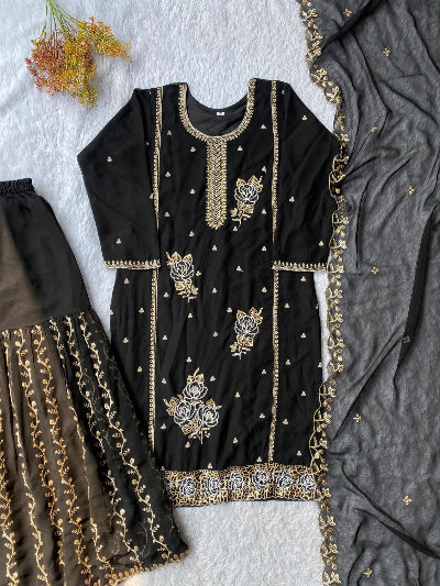Black Georgette Elegant Embroidered Gharara Suit Set