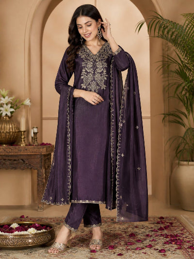 Purple Vichitra Silk Suit Set with Dupatta