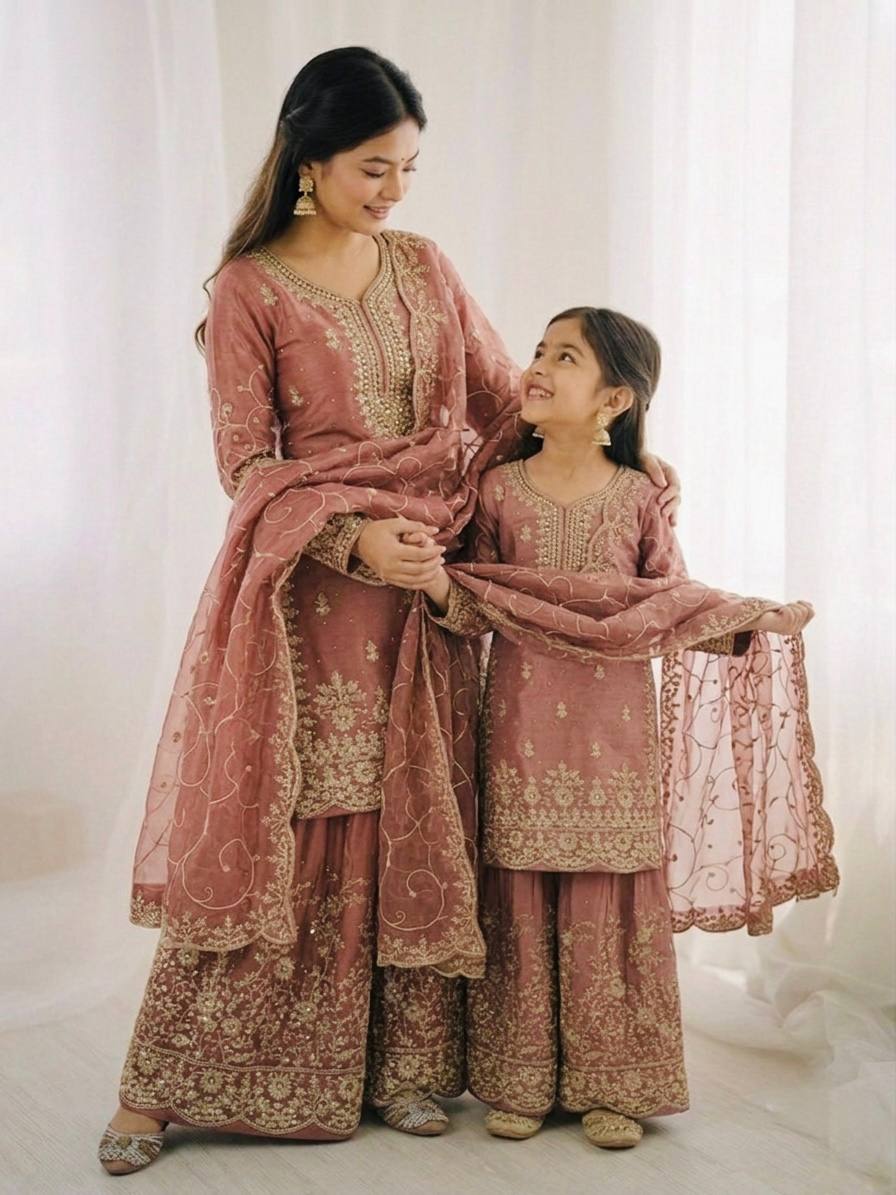 Mother Daughter Matching Festive Silk Sharara Suit Set