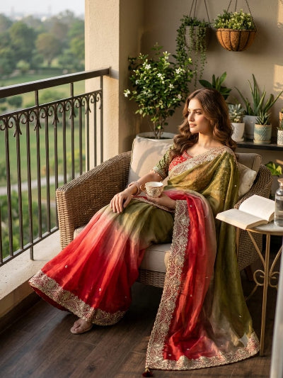 Red &amp; Olive Pre-pleated Ready to Wear Saree with Embroidered Stitched Blouse