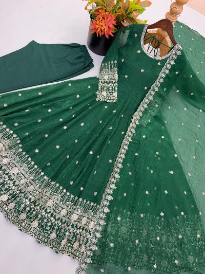 Emerald Green Crunchy Silk Embroidery Anarkali Suit Set