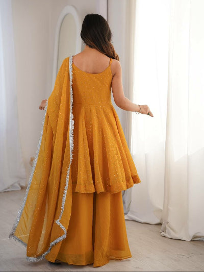 Mustard Yellow Sleeveless Peplum Kurti Sharara Dupatta Set