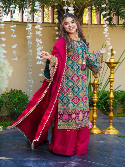 Teal &amp; Red Plus Size Chinon Silk Sharara Suit Set with Aari Mirror Work