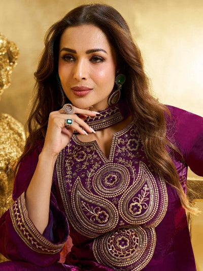 Plum Purple Embroidered Fendy Silk Suit Set