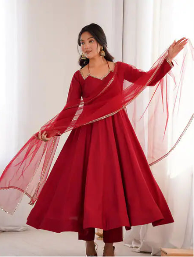 Deep Maroon Roman Silk Chanderi Full Sleeves Anarkali Suit
