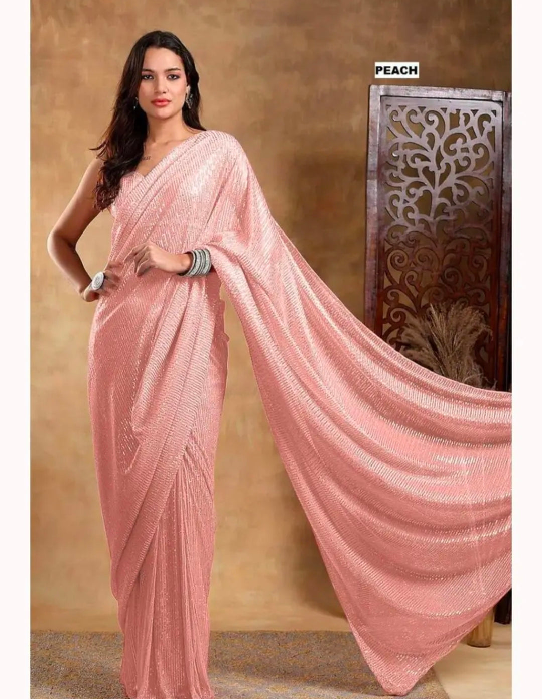 Partywear Peach Georgette Sequins Saree UK Next Day
