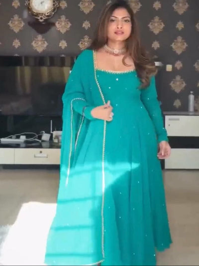 Turquoise Blue Georgette Real Mirror Work Anarkali Suit Set