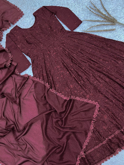 Dusty Plum Georgette Embroidered Gown Dupatta Set Of 2