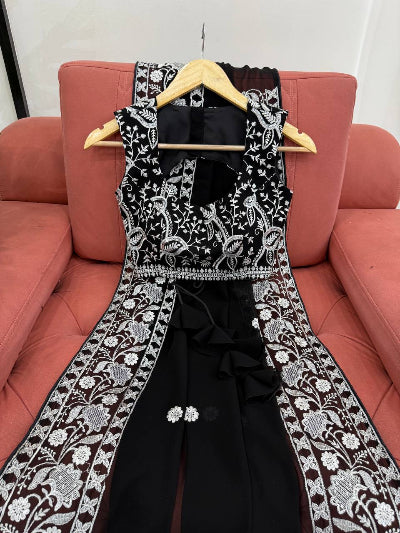 Black Georgette Thread Embroidery Ready to wear Saree with Free Stitched Blouse