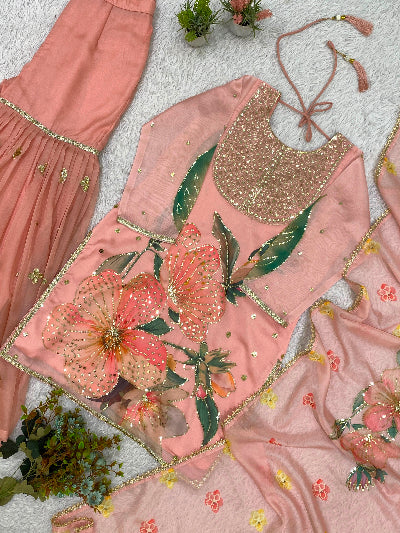 Dusty Peach Soft Organza Embroidery Work Ethnic Sharara Suit for Women