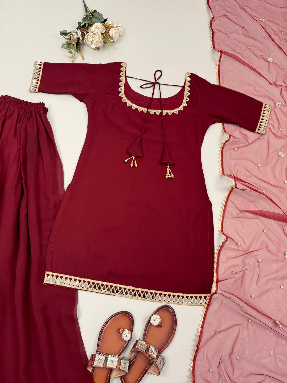 Classic Red Georgette Mirror Work Sharara Palazzo Set