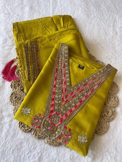 Glazed Yellow Roman Silk Embroidery Salwar Suit UK Next Day