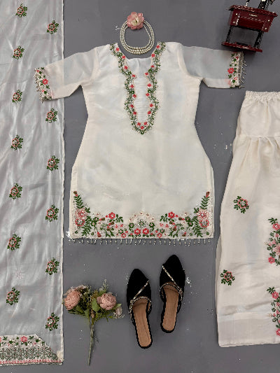 Elegant White Embroidered Farshi Palazzo Suit