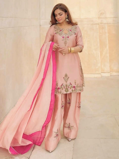 Blush Pink Silk Embroidered Farshi Suit Set | Asian Wear