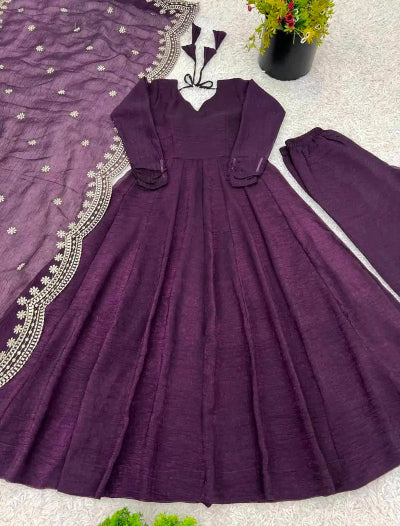 Purple Fendy Silk Full Sleeves Embroidered Anarkali Suit Set