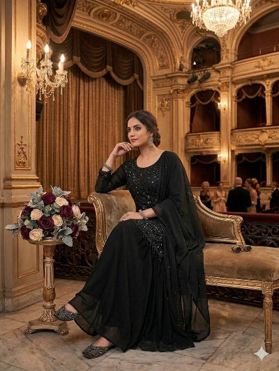 Black Georgette Palazzo Suit with Beads &amp; Sequins