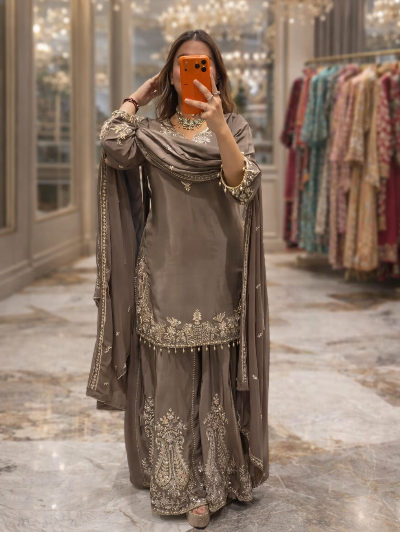 Taupe Brown Intricate Sequence Work Sharara Palazzo Suit