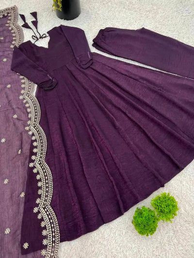 Purple Fendy Silk Full Sleeves Embroidered Anarkali Suit Set