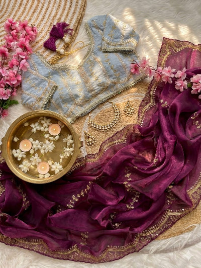 Burgandy Ready to Wear Saree with Powder Blue Embroidered Stitched Blouse