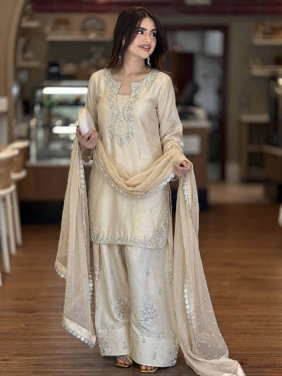 Ivory Cream Glass Silk Embroidered Farshi Suit