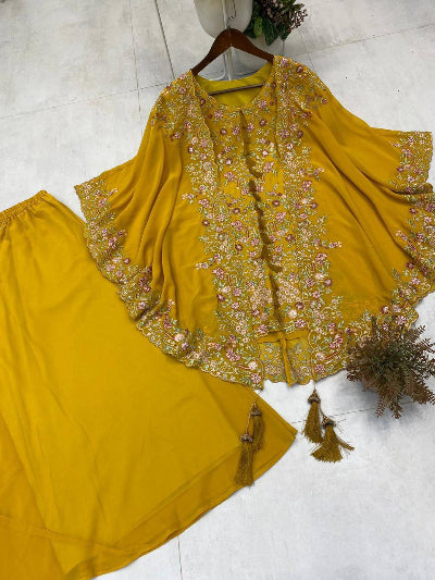 Party Wear Cape Style Suit Set with Sequence Work
